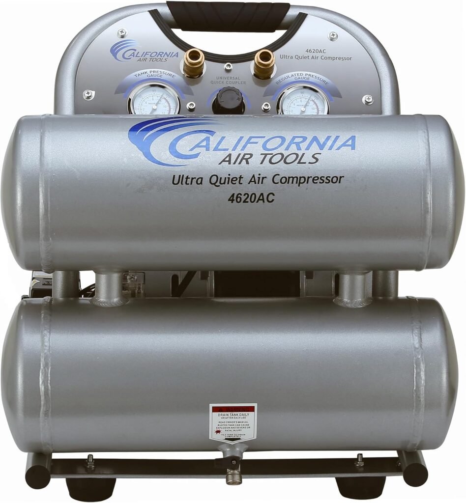 California Air Tools 4620AC Powerful 2.0 HP Ultra Quiet and Oil-Free Air Compressor, 4.6 Gallon Tank Capacity, dB Noise Level, Electric, Portable, 110v / 60hz, Silver California Air Tools 4620AC Powerful 2.0 HP Ultra Quiet and Oil-Free Air Compressor, 4.6 Gallon Tank Capacity, dB Noise Level, Electric, Portable, 110v / 60hz, Silver