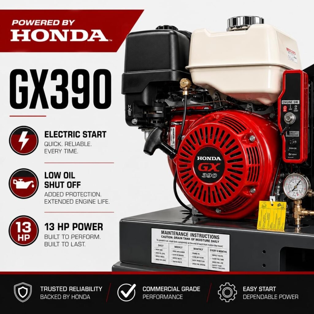 JC AIR Gallon Truck Mount Air Compressor, CFM PSI, Honda GX390 13HP Gas Powered Compressor with Electric Start, Stage Cast Iron Pump for Service Trucks Field Repair JC AIR Gallon Truck Mount Air Compressor, CFM PSI, Honda GX390 13HP Gas Powered Compressor with Electric Start, Stage Cast Iron Pump for Service Trucks Field Repair