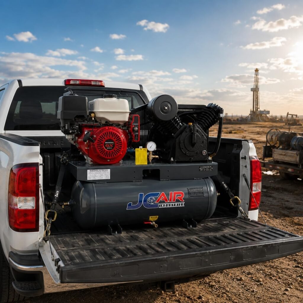 JC AIR Gallon Truck Mount Air Compressor, CFM PSI, Honda GX390 13HP Gas Powered Compressor with Electric Start, Stage Cast Iron Pump for Service Trucks Field Repair JC AIR Gallon Truck Mount Air Compressor, CFM PSI, Honda GX390 13HP Gas Powered Compressor with Electric Start, Stage Cast Iron Pump for Service Trucks Field Repair