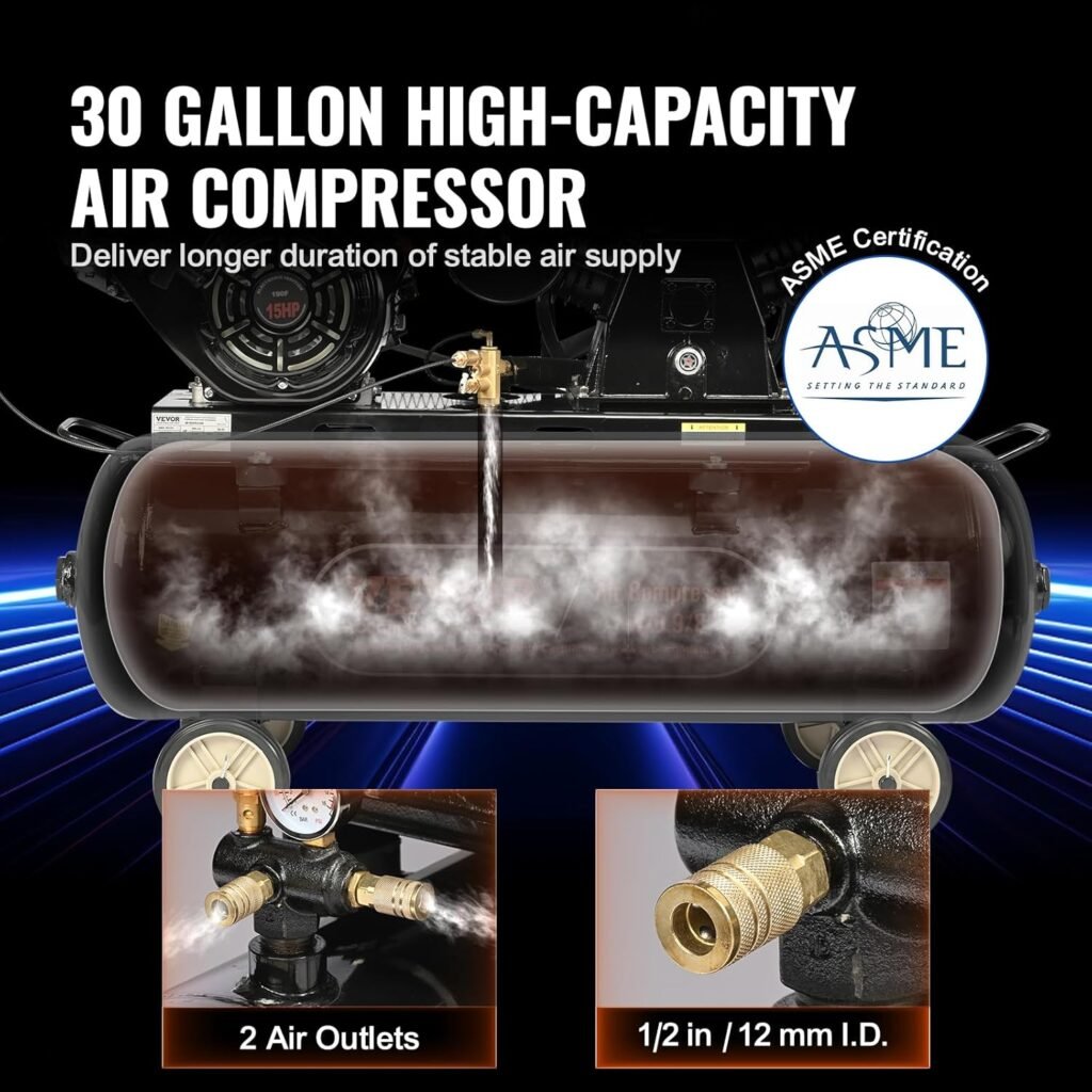 VEVOR 15HP Gas Powered Air Compressor, Gallon Horizontal Air Compressor Tank, 33CFM@115PSI Gas Driven Piston Pump Air Compressed System with 115PSI Max Pressure for Construction Sites Workshop