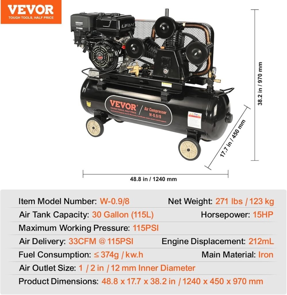 VEVOR 15HP Gas Powered Air Compressor, Gallon Horizontal Air Compressor Tank, 33CFM@115PSI Gas Driven Piston Pump Air Compressed System with 115PSI Max Pressure for Construction Sites Workshop