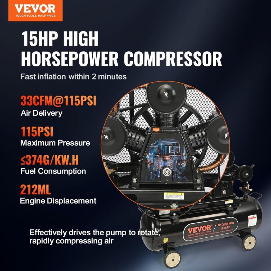 VEVOR 15HP Gas Powered Air Compressor, Gallon Horizontal Air Compressor Tank, 33CFM@115PSI Gas Driven Piston Pump Air Compressed System with 115PSI Max Pressure for Construction Sites Workshop