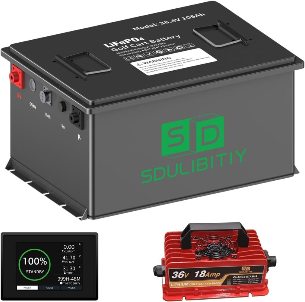 36V(38.4V) 105Ah LiFePO4 Golf Cart Battery, TPE 200A BMS, with Touch Monitor, Mobile APP, 4000+ Cycles Rechargeable Lithium Golf Cart Battery, Max 7.68kW Power Output, Perfect for Golf Cart