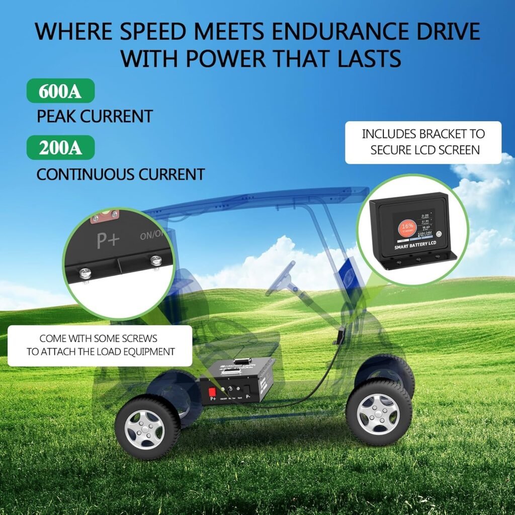 48V 100Ah Lithium Golf Cart Battery with Charger, Touch Monitor  Mobile APP, Built-in 200A BMS, Peak Current 600A, Perfect for Golf Cart, RV, Solar