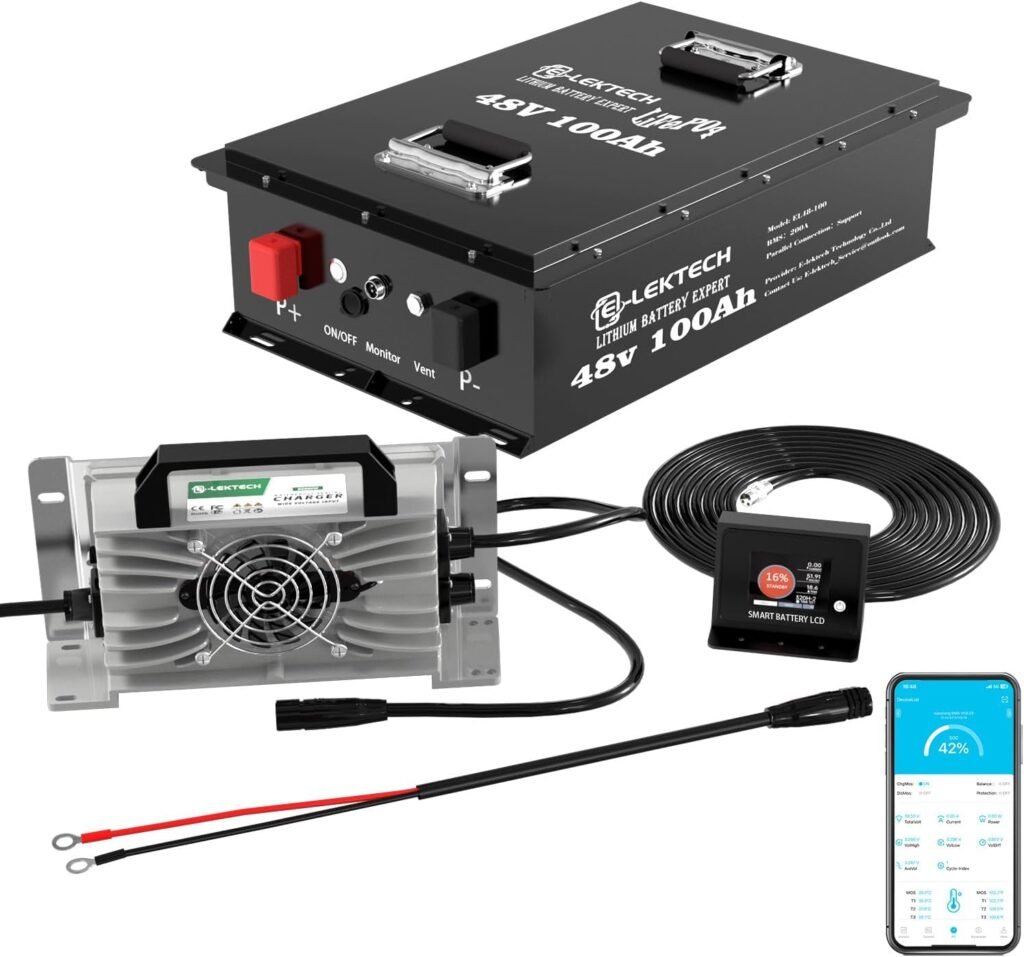 48V 100Ah Lithium Golf Cart Battery with Charger, Touch Monitor  Mobile APP, Built-in 200A BMS, Peak Current 600A, Perfect for Golf Cart, RV, Solar
