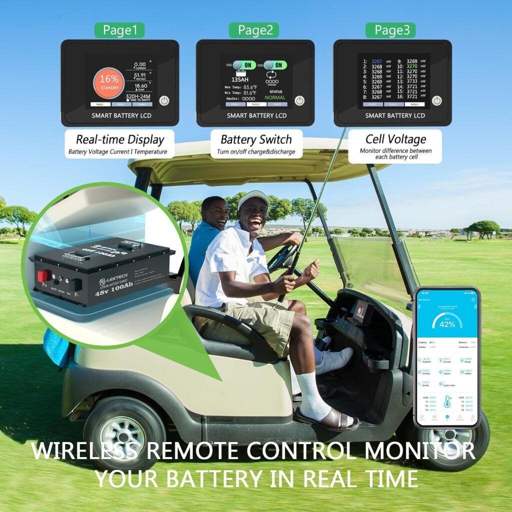 48V 100Ah Lithium Golf Cart Battery with Charger, Touch Monitor  Mobile APP, Built-in 200A BMS, Peak Current 600A, Perfect for Golf Cart, RV, Solar