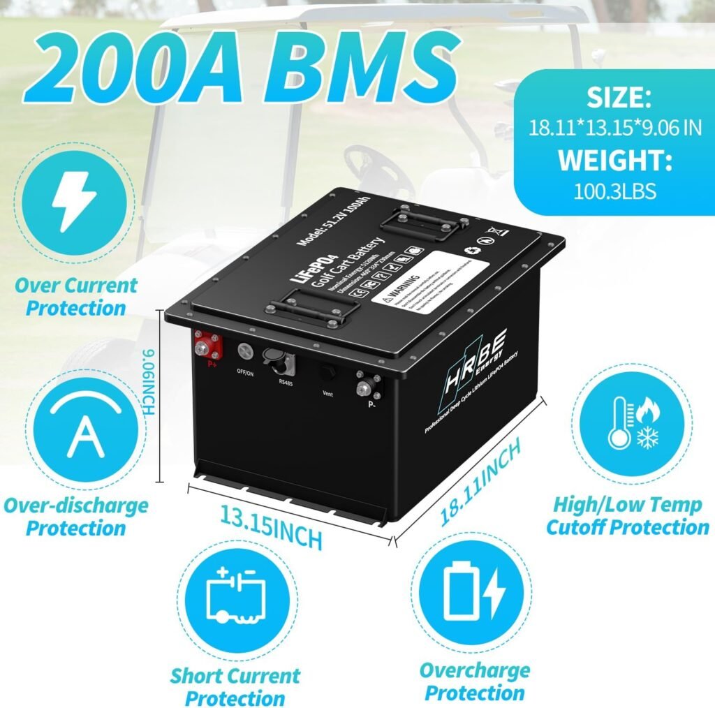 48V 105Ah Lithium Golf Cart Battery, Built-in Smart 200A BMS, with Touch Monitor  Mobile APP, 4000+ Cycles Rechargeable LiFePO4 Battery, Max 10.24kW Power Output (48V 105Ah)