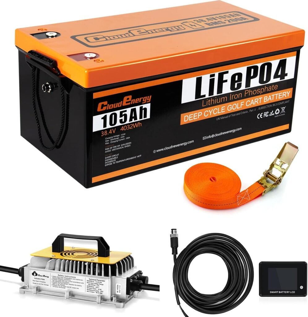 Cloudenergy 36V(38.4V) LiFePO4 Golf Cart Battery Built-in 250A Bluetooth BMS,with 20A Charger,Touch Monitor,6000+ Cycles,Perfect for Golf Carts,Trolling Motor(GFA36V-105Ah With Charger)