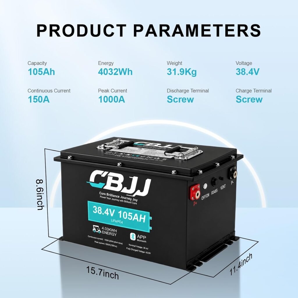 Metal Case 36V(38.4V) 105Ah Lithium Golf Cart Battery Built-in 200A BMS, with Touch Monitor  Bluetooth Mobile APP, 5000+ Cycles Compatible with 25A Charger for Golf Carts, Solar, Camping