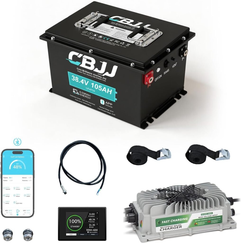 Metal Case 36V(38.4V) 105Ah Lithium Golf Cart Battery Built-in 200A BMS, with Touch Monitor  Bluetooth Mobile APP, 5000+ Cycles Compatible with 25A Charger for Golf Carts, Solar, Camping
