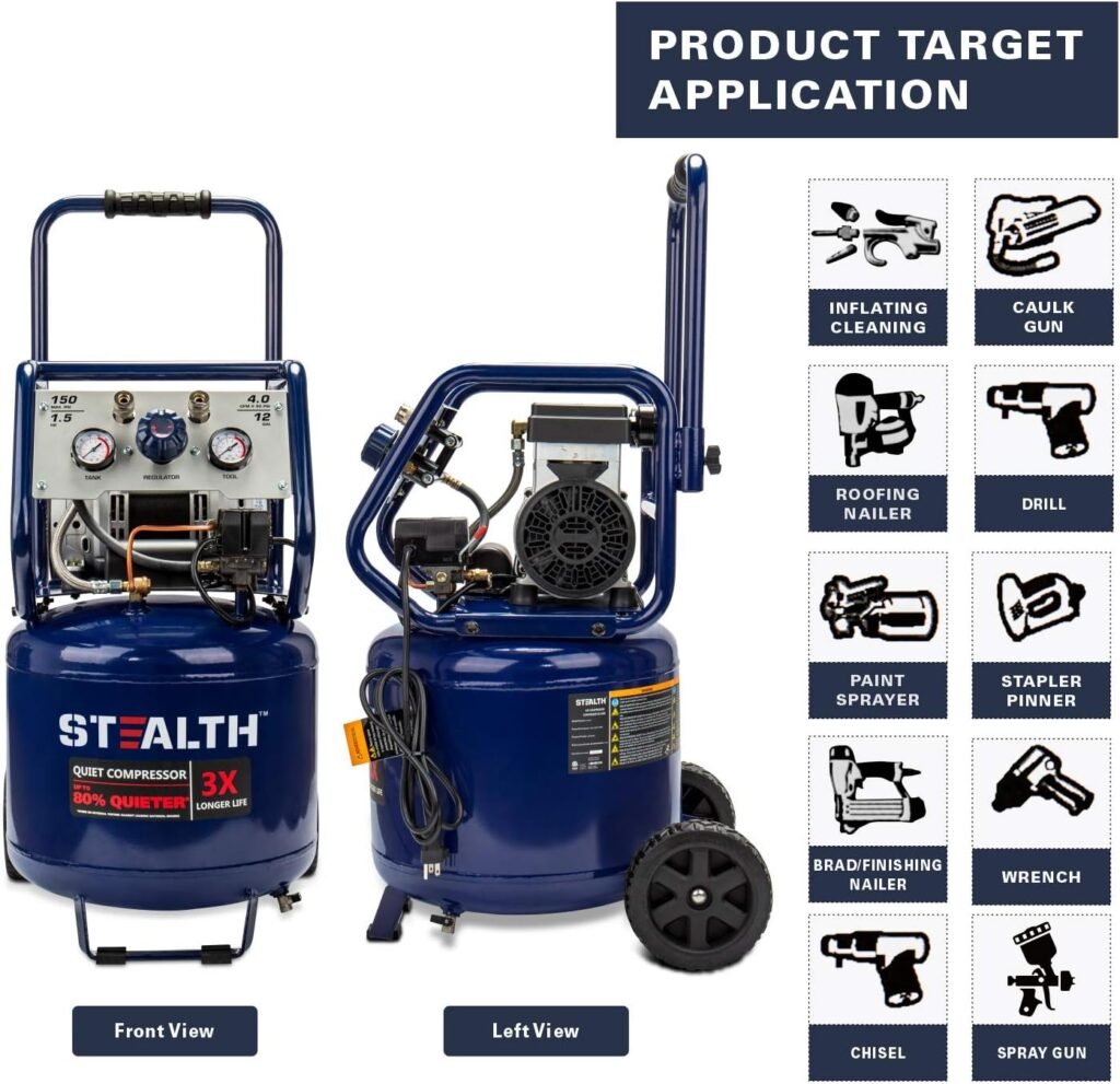 Stealth Gallon Ultra Quiet Air Compressor, 1.5 HP Oil-Free Peak PSI Decibel,5 CFM @ PSI CFM @ PSI Silent Portable Long Life Electric Air Compressor W/Wheel for Garage Stealth Gallon Ultra Quiet Air Compressor, 1.5 HP Oil-Free Peak PSI Decibel,5 CFM @ PSI CFM @ PSI Silent Portable Long Life Electric Air Compressor W/Wheel for Garage