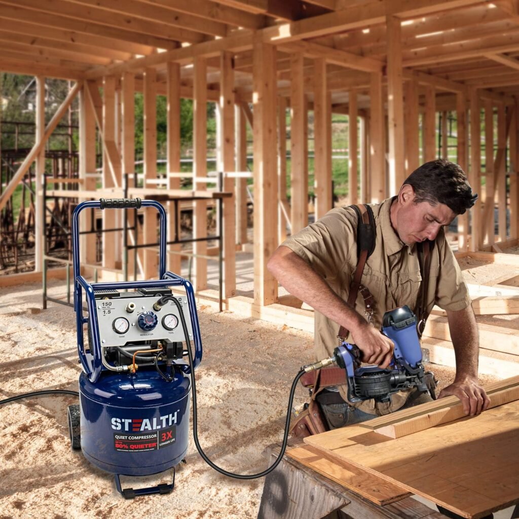 Stealth Gallon Ultra Quiet Air Compressor, 1.5 HP Oil-Free Peak PSI Decibel,5 CFM @ PSI CFM @ PSI Silent Portable Long Life Electric Air Compressor W/Wheel for Garage Stealth Gallon Ultra Quiet Air Compressor, 1.5 HP Oil-Free Peak PSI Decibel,5 CFM @ PSI CFM @ PSI Silent Portable Long Life Electric Air Compressor W/Wheel for Garage
