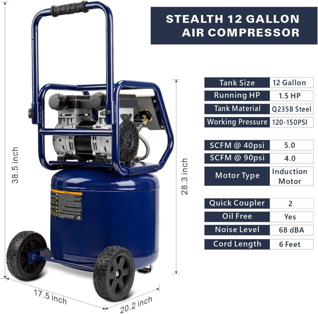Stealth Gallon Ultra Quiet Air Compressor, 1.5 HP Oil-Free Peak PSI Decibel,5 CFM @ PSI CFM @ PSI Silent Portable Long Life Electric Air Compressor W/Wheel for Garage Stealth Gallon Ultra Quiet Air Compressor, 1.5 HP Oil-Free Peak PSI Decibel,5 CFM @ PSI CFM @ PSI Silent Portable Long Life Electric Air Compressor W/Wheel for Garage
