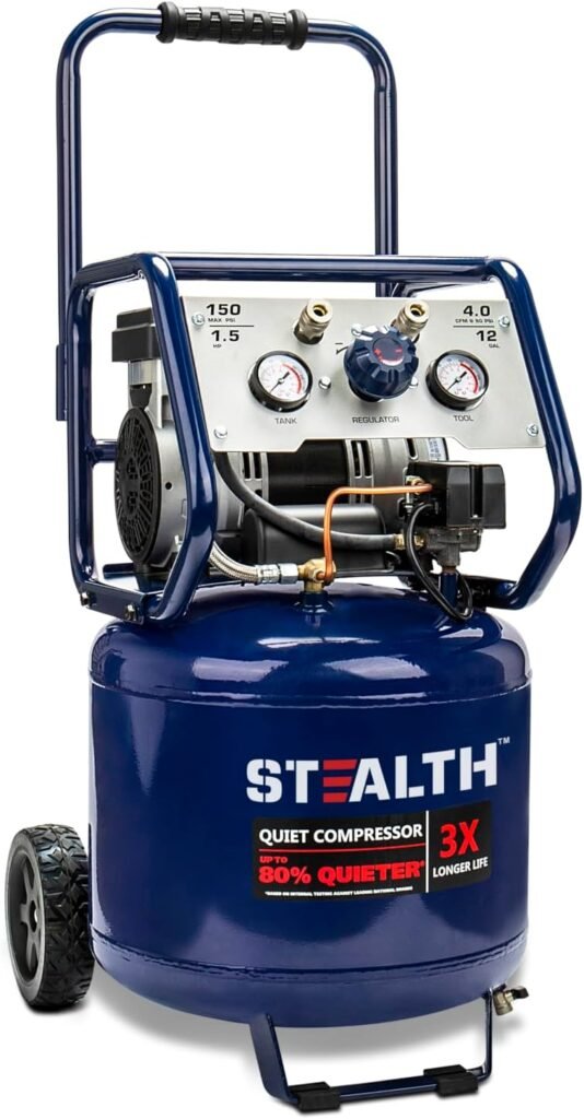 Stealth Gallon Ultra Quiet Air Compressor, 1.5 HP Oil-Free Peak PSI Decibel,5 CFM @ PSI CFM @ PSI Silent Portable Long Life Electric Air Compressor W/Wheel for Garage Stealth Gallon Ultra Quiet Air Compressor, 1.5 HP Oil-Free Peak PSI Decibel,5 CFM @ PSI CFM @ PSI Silent Portable Long Life Electric Air Compressor W/Wheel for Garage