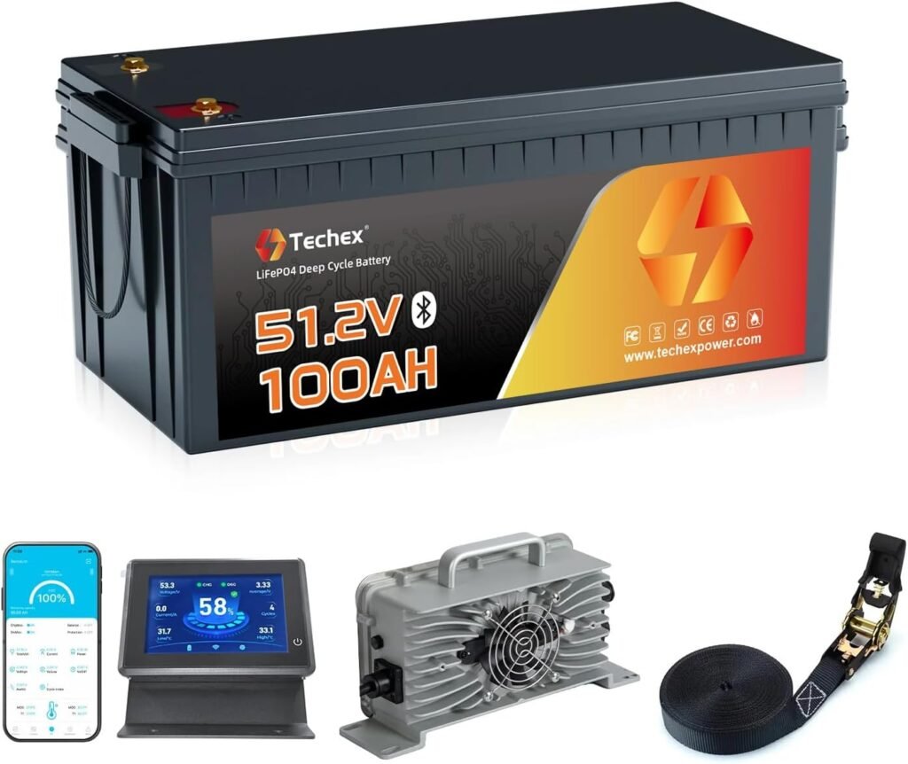 Techex 48V Lithium Battery Golf Cart, LCD Monitor/Bluetooth App, 200A BMS with 600A Peak Current, Complete kit with 58.4V 18A charger for Ezgo,Club Car,Yamaha