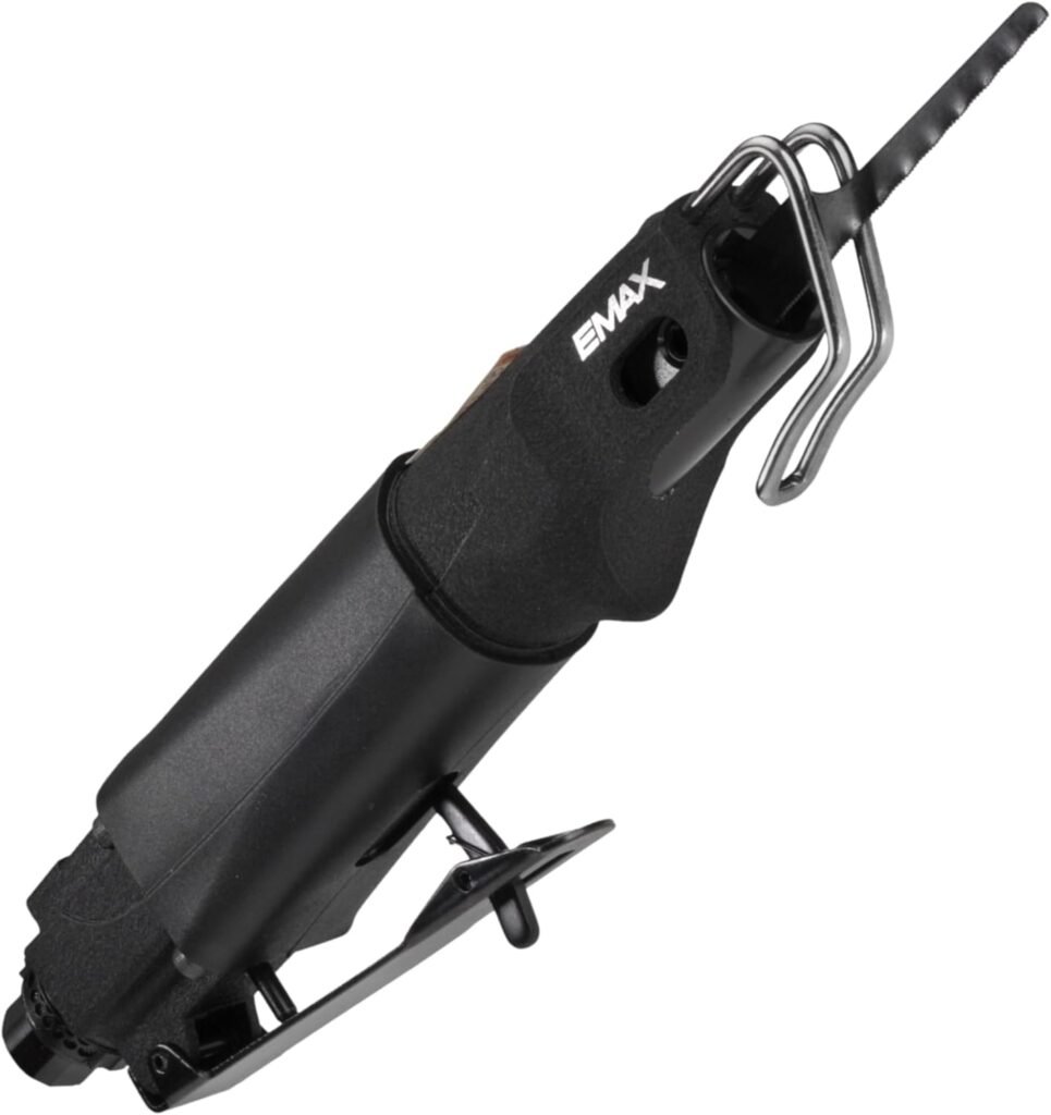 EMAX/4 Inlet Air Body Saw, 9,000 BPM, CFM, PSI | Industrial Pneumatic Saw,/4 Npt Inlet,/4 Stroke, Rear Exhaust, Adjustable Blade Guard, Safety Lock, 1.8 Lb
